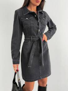 SHEIN Cottnline Mini Button And Belt Detailed Rigid Denim Dress - Black - View 4