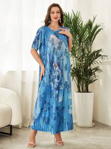 Seusyu Women's Crew Neck Short Sleeve Floral Print Casual Long Dress - Multicolor - View 5