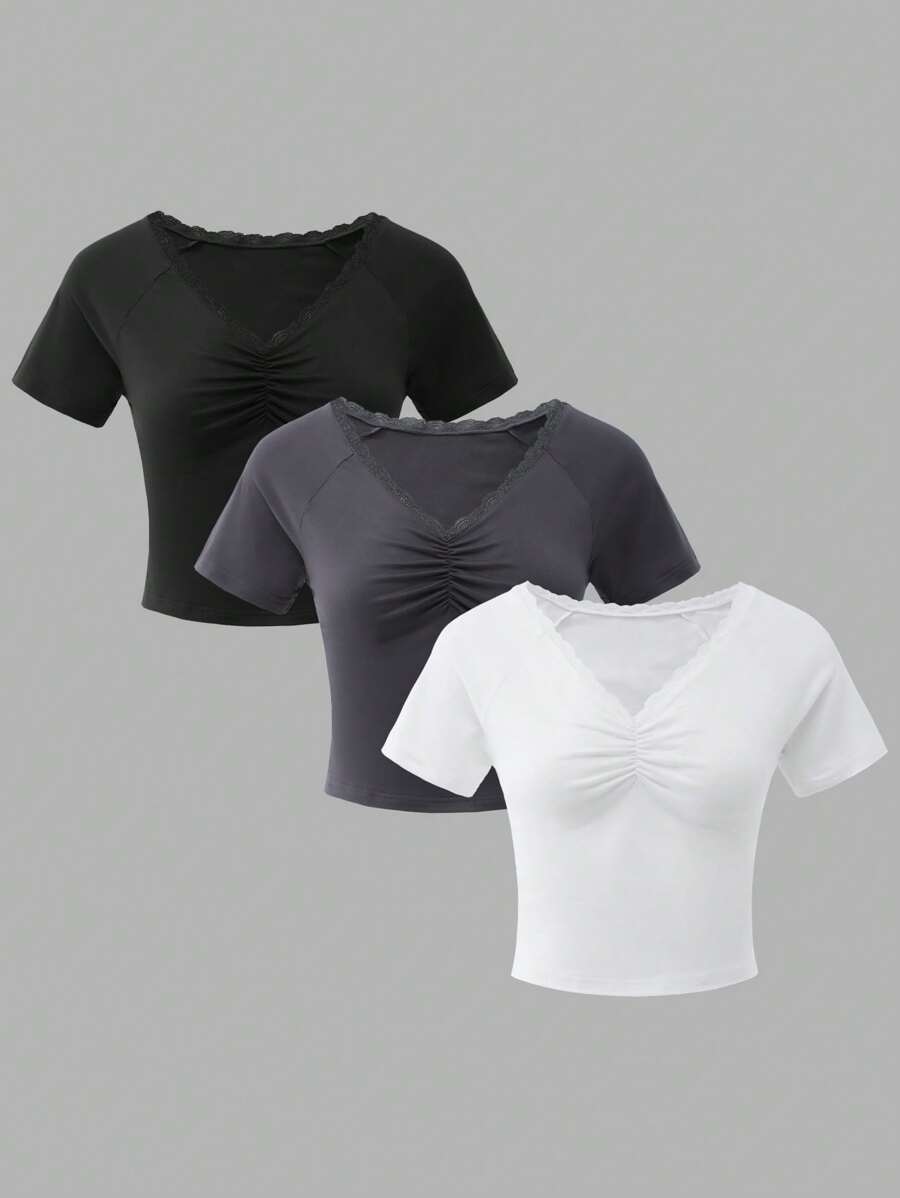 SHEIN 3pcs Girls Teen Long Sleeve Solid Color Lace Knit Set - Multicolor - View 1