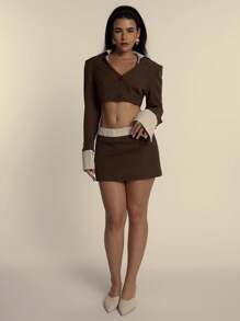 MUSERA Open Collared Button Up Cropped Blazer Only Spring Elegant Business Casual Summer Spring Vacation Graduation Prom Wedding Guest Birthday - Brown - View 4