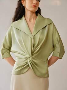 Uhlyne Fashionable Woven Twill Lapel Twist Detail Elegant Ladies Blouse - Mint Green - View 3