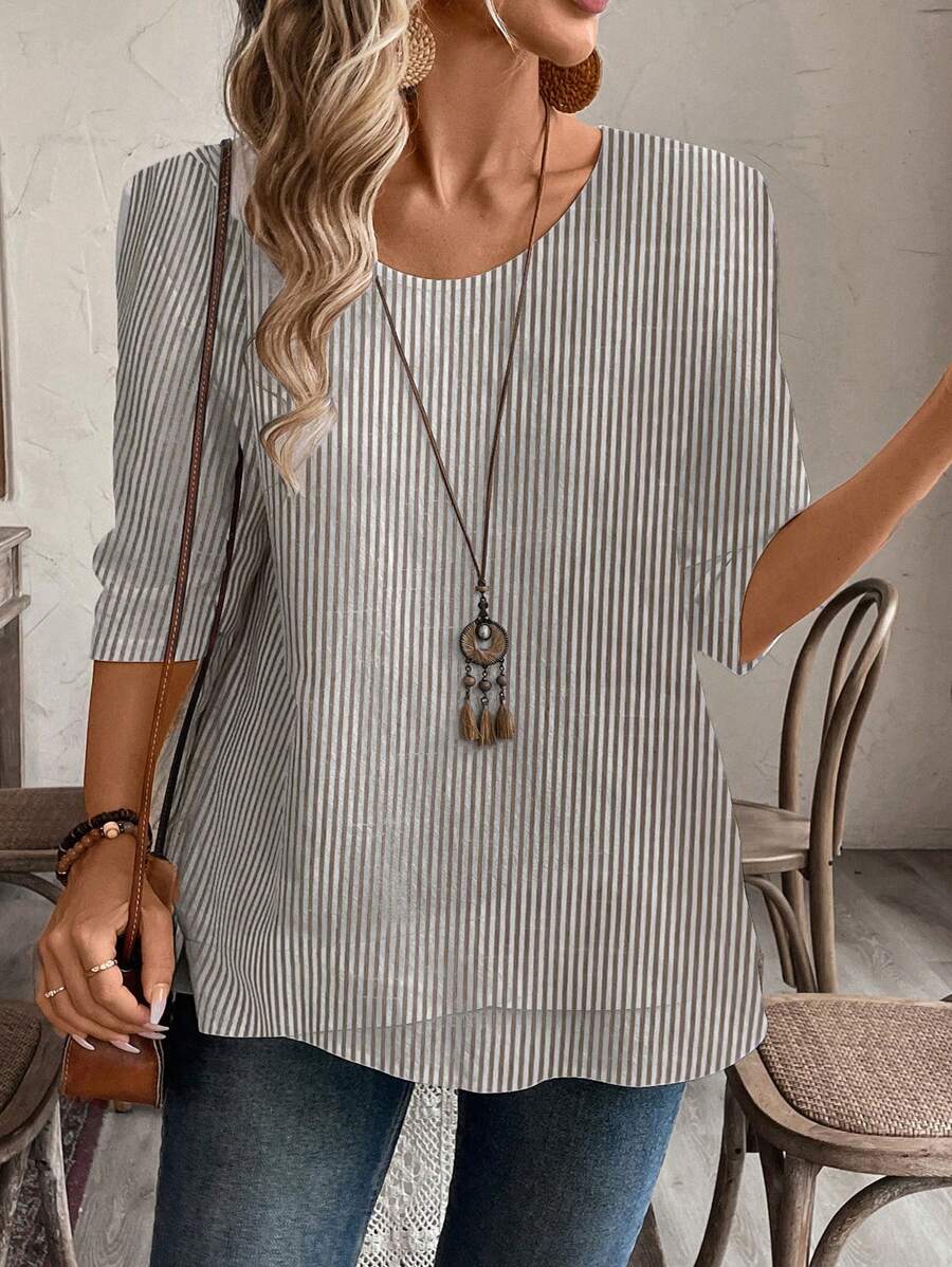 EMERY ROSE 大码女式乡村休闲 3/4 袖条纹宽松秋季衬衫、女式春夏季衬衫、女式夏季衬衫、女式乡村休闲上衣、波西米亚风女式圣帕特里克节、度假女式衬衫、日常休闲装