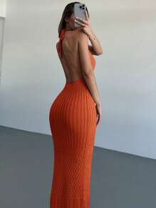 Aloruh New Crochet Deep V-Neck Backless Sexy Vacation/Date/Casual Knit Dress