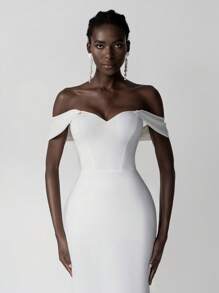 SHEIN Belle 优雅奢华象牙色露肩褶饰美人鱼长裙，配有可拆卸裙裾，弹力针织撞色蕾丝，适合婚礼、派对、度假、舞会、新娘 - 米色 - 查看 4