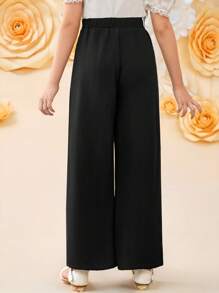 SHEIN Pantalones negro sólido con parches y blanco plisado para niña preadolescente, pantalones casuales y elegantes negros, temporada de vuelta al colegio