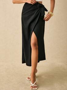 Poéselle 素色圍裹側打結半身裙 - 黑色 - 查看 5