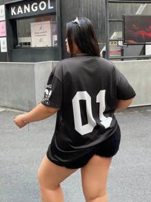 SHEIN EZwear Camiseta negra de corte holgado con cordón y pompones, talla grande