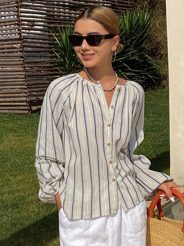 Livesso Women's Casual Striped Loose Long Sleeve Round Neck Blouse, Spring/Summer