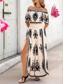 SHEIN VCAY 女士露肩系带袖蝴蝶结下摆收腰交叉褶皱阔腿裤度假衬衫和裤子套装 - 杏色 - 查看 1