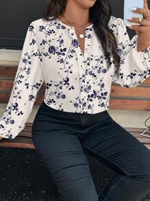 SHEIN Clasi Casual Vintage Floral Pattern Round Neck Long Sleeve Plus Size Shirt, Suitable For Spring/Summer - Apricot - View 3