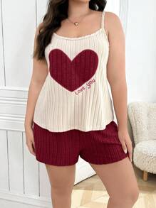 Plus Size Comfortable Textured Knit Heart Embroidery Camisole Top And Shorts Pajamas Set, Outfits - Red - View 5