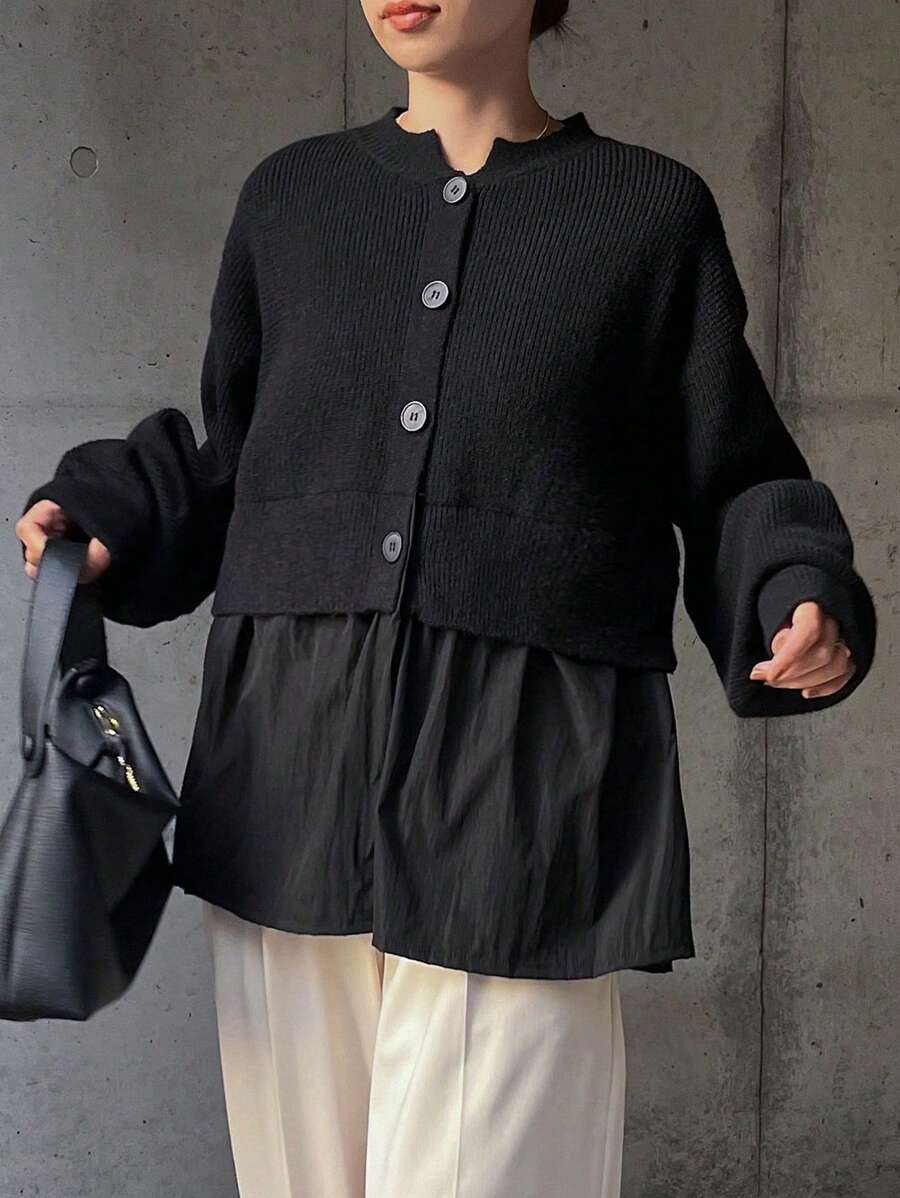 FRIFUL Women's Casual Solid Color Drop Shoulder Lantern Sleeve Cardigan, Autumn/Winter,Long Sleeve Tops - Black - View 1