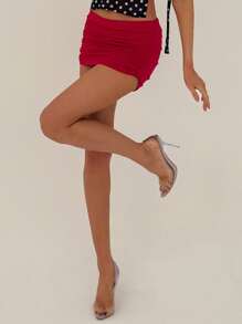 Aloruh Shorts casuales de yoga de cintura baja ajustada y elásticos con decoración fruncida, shorts rojos versátiles y seductores para el Día de San Valentín - Rojo - Ver 4