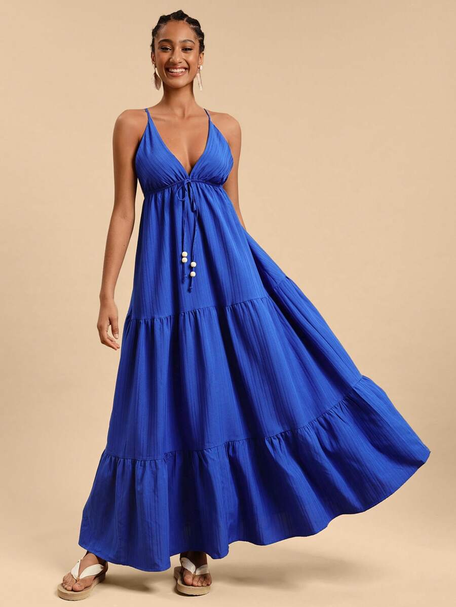 Travachic Plain Woven Tie-Neck Maxi Swing Dress For Women