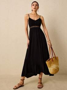 Poéselle Detail Waist And Lace Splicing Swing Cami Dress For Vacation