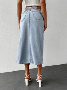 RueChic Letter Patched Asymmetrical Denim Skirt - Light Wash - View 2