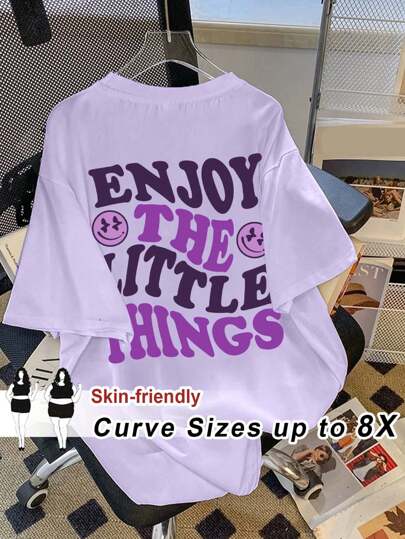 SHEIN CURVE+ Plus Size Women's Oversize Tshirts Casual Simple ENJOY English Pattern Round Neck Short Sleeves Super Loose T-Shirt Suitable For Summer, Cute Top