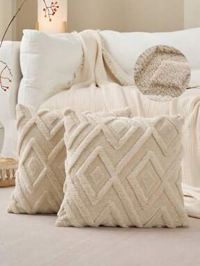 Set de 2 housses de coussin décoratifs en fausse fourrure blanc crème 45x45cm, motif à carreaux doux, style bohème pour canapé, lit, salon, ferme, moderne