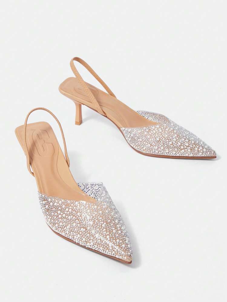 CUCCOO HITCHD Pointed Toe Rhinestones & Faux Pearls Design Apricot Color High Heel Pumps,Sexy Backless Formal Wedding Event Shoes For Women Summer Shoes Summer Break Easter Prom Heels For Christmas Elegant Shoes Wedding Shoes Summer Shoes Bride Shoes