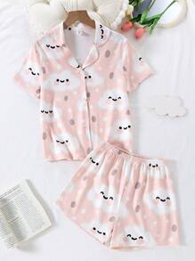 2pcs Tween Girl Cloud Pattern Allover Print Short Sleeve T-Shirt And Shorts Flame Retardant Homewear Set - Pink - View 1