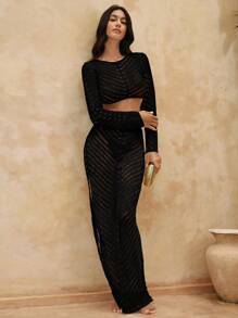 SHEIN Swim Women's Summer Beach Vacation Hollow-Out Long Sleeve Round Neck Shorts Casual Swimsuit Cover-Up