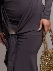 MUSERA Slinky Bardot Draped Maxi Dress Wedding Guest, Elegant, Summer Long Dress - Grey - View 5