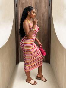Women's Geometric Irregular Striped Colorful Rainbow Gradient Multi-Color Contrast V-Neck Backless Spaghetti Strap Maxi Dress, Casual Vacation Knit Dress, Spring/Summer - Green - View 4