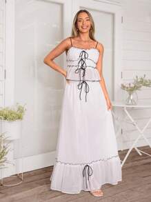SHEIN VCAY Top corto de camisola con cordón, unicolor tejido con ribete de contraste, para mujer en verano, vacaciones, romántico, playa, primavera, concierto, Pascua, bohemio, festival rave, festival, vacaciones de primavera, vacaciones en la playa - Blanco - Ver 7