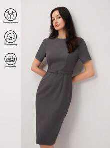 BizChic 女士灰色短袖中长连衣裙，都市通勤商务休闲优雅派对礼服，适合万圣节、圣诞节、派对场合