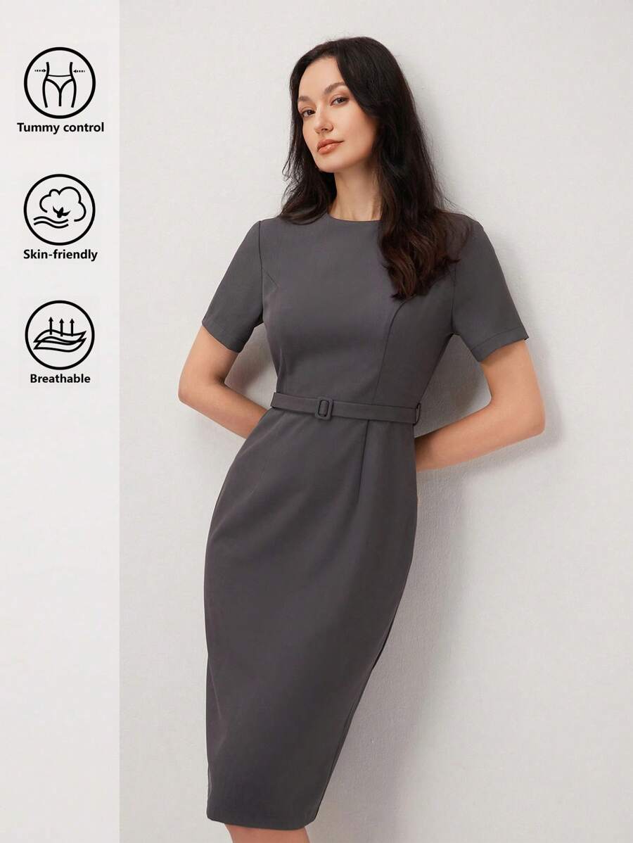 BizChic 女士灰色短袖中长连衣裙，都市通勤商务休闲优雅派对礼服，适合万圣节、圣诞节、派对场合