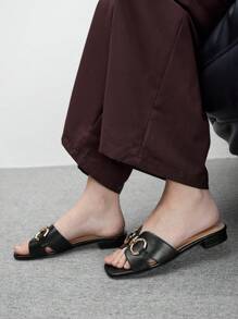 CUCCOO BIZCHIC 女士黑色 PU 皮革一脚蹬平底凉鞋，配金色圆扣装饰，舒适休闲、通勤、度假 - 黑色 - 查看 6
