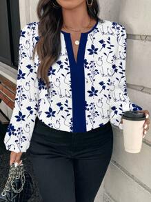 SHEIN Clasi Casual Retro Bloemenprint Ronde Hals Lange Mouw Plus Size Shirt, Geschikt Voor Lente/Zomer