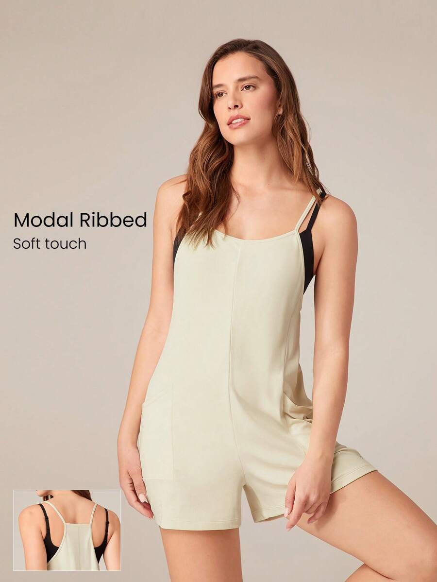 GLOWMODE Modal Ribbed Easy Move Spaghetti Straps Romper Jumpsuit With Side Large Pocket Daily Casual Spring Summer