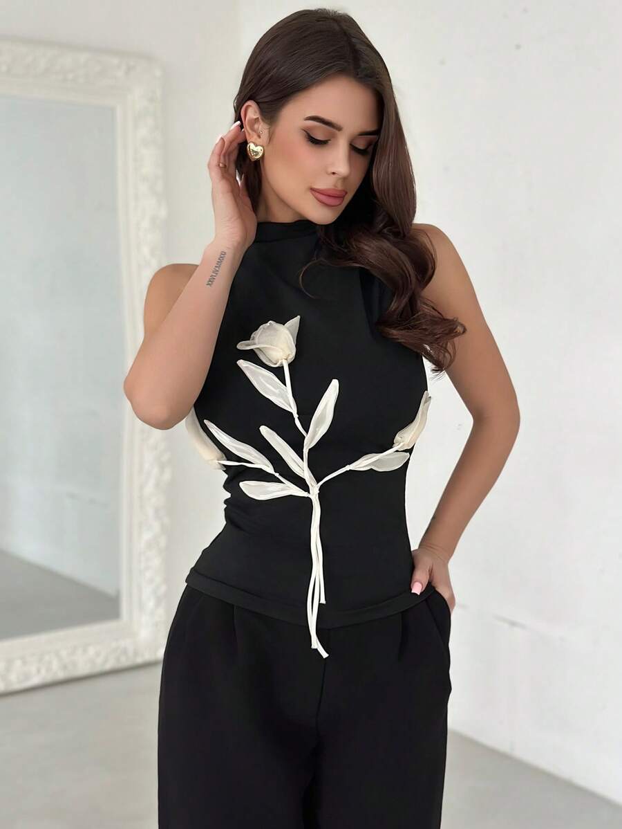 SHEIN Privé 情人节时尚优雅浪漫 3D 花卉图案黑色立领修身紧身背心 - 黑色 - 查看 1