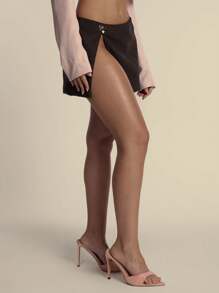 MUSERA Low Rise Extreme Split Micro Mini Skirt With Gold Heart Detail Cute Party Vacation Holiday Festival - Brown - View 3