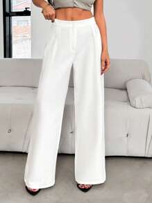 EURMUSE WOMEN TALL LINEN DETAILED WIDE LEG PANTS - White - View 3