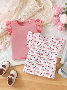 Baby Girl Crew Neck Short Cap Sleeve Simple Casual Top, Daily Wear - Multicolor - View 2
