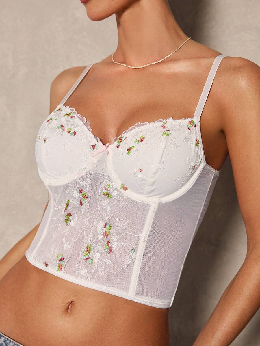 Glamine Top-camisola con aros, bloque de color, decoración de moño y bordados románticos y sexys para mujeres - Blanco - Ver 1
