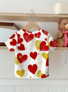 SHEIN Vintage Hand-Painted Heart Print, Young Girl Casual Simple Round Neck Short Sleeve T-Shirt, Suitable For Summer