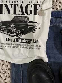 Attitoon Women's Casual Sexy Spaghetti Strap Skinny Black & White Splice Camisole Top, Vintage Car Graphic, Contrast Trim Back To School