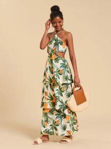 Travachic 女士热带植物印花露背腰镂空连衣裙，适合度假 - 綠色 - 查看 6