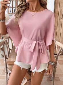 SHEIN LUNE Women Solid Color Crew Neck Batwing Sleeve Knotted Waist Casual Blouse Cute Tops Summer Tops Crop Tops Shirts Women Vacation Outfits Women Going Out Tops Beach Outfits For Woman Shirts - Pink - View 3