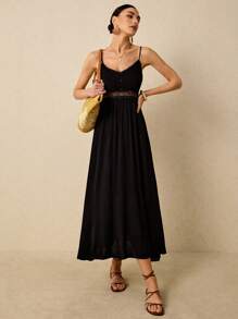 Poéselle Detail Waist And Lace Splicing Swing Cami Dress For Vacation