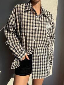 DAZY Áo khoác sơ mi họa tiết kẻ caro dài tay dáng rộng in chữ phong cách đường phố mùa hè cho nữ, quần nỉ nữ - màu đen - Xem 6