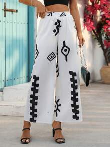 Women's Leisure Loose Geometric Print Palazzo Pants Fall Cloth For Women - White - View 7