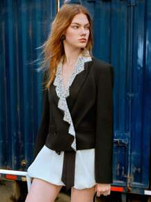 MOTF STUDIO CONTRAST LACE DOUBLE BREASTED CROPPED BLAZER, COLORBLOCK BLAZER, SPRING BLAZER