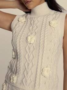 MUSERA High Neck Cable Knit Flower Detail Fitted Sweater Vest Top For Spring Summer Evening Party Elegant   New Years - Cream - View 5