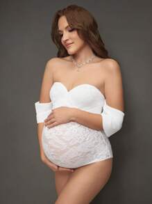 SHEIN Maternity Simple Solid Color Fitted Casual Bodysuit, Photography Lace Outfit For Maternity Photoshoot - White - View 5
