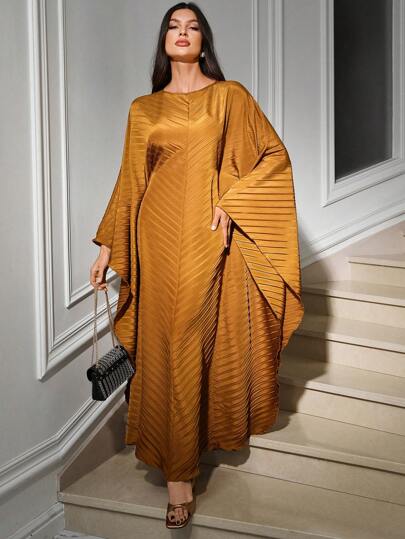 Al Najma Women's Elegant Banquet Yellow Pleated Bat Dress For Valentine's Day Turkish Kaftan & Arabian Traditional Jalabiya Spring Outfits For Women, Modest Kaftan