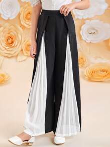 SHEIN Pantalones negro sólido con parches y blanco plisado para niña preadolescente, pantalones casuales y elegantes negros, temporada de vuelta al colegio
